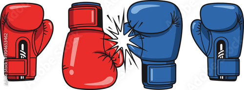 Hand Drawn Boxing Gloves Set with Red and Blue Gloves Punching Isolated on White Background Vector Illustration