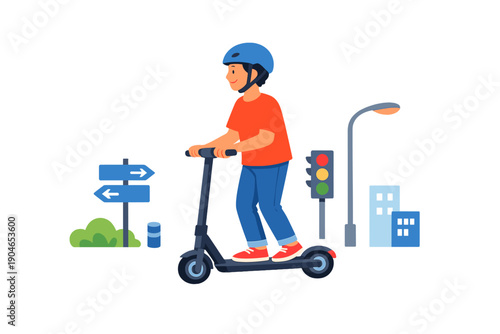 Young person rides a scooter on the street near traffic signals and signs with buildings in the background during the day