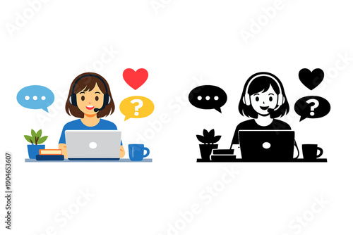 Person working on a laptop with headphones and speaking to someone while sitting at a desk with plants and a mug in a bright room during the day