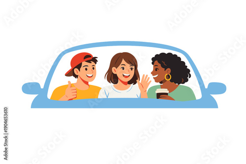 Friends talk and smile inside a car while enjoying drinks during their day out with good weather and bright sky