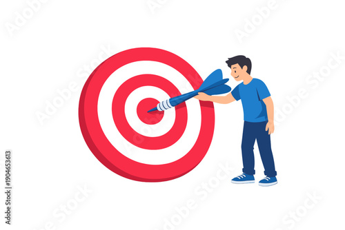 Person hits target with dart in a game setting in a simple design with a red and white bullseye pattern during daytime