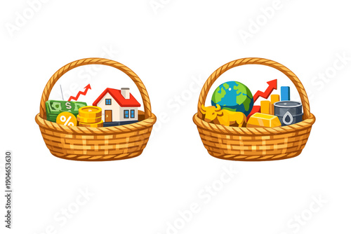 Two baskets show different assets including money, property, and commodities representing investment options and global markets