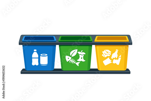 Sorting waste in three separate bins for recycling in a school or public place to promote environmental awareness and proper waste disposal practices