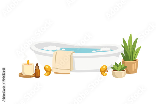 Bathtub with bubbles, plants, candle, and essential oil on wooden tray in bathroom setting during daytime