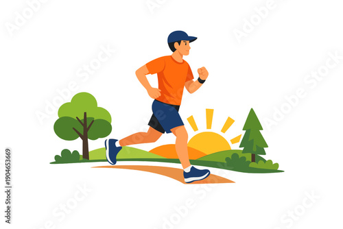 Runner enjoys morning exercise in a park with trees and a sunrise in the background while wearing sports gear and running shoes