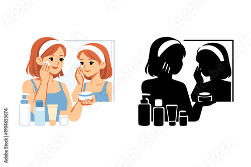 Woman applying skincare in bathroom with various products on the counter at home in morning
