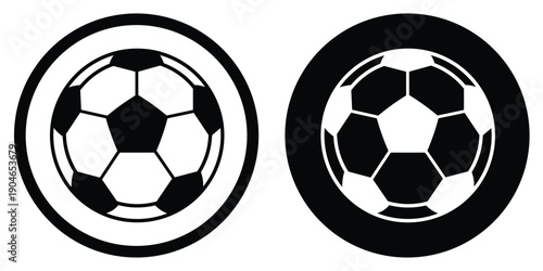 Classic soccer ball football icon in circular badge. Sports equipment symbol for team competition, athletic training, and global tournament branding in minimalist graphic style.