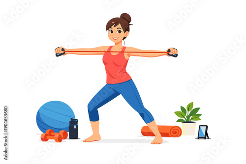 Woman exercises with resistance band in home gym setting during daytime