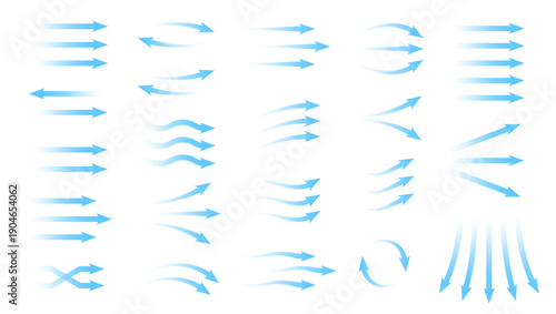 Air flow arrows. Blue cold wind stream, fresh water direction, filter and conditioner system infographic transparent movement and rotation elements. Vector arrow icons set
