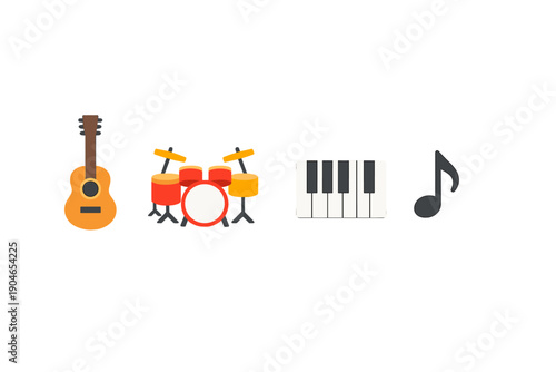 Musical instruments displayed in a simple design with a guitar, drum set, keyboard, and music note used to represent sound and rhythm