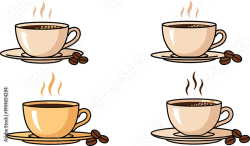 Hand Drawn Coffee Cup Set with Steam and Coffee Beans Isolated on White Background Vector Illustration
