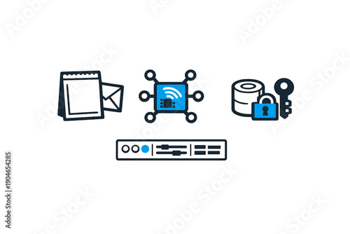 Focus on office supplies, technology, and security tools often used in everyday work environments with a strong emphasis on organization and safety