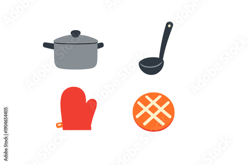 Cooking tools placed on a white background for preparing food and serving dishes to family members during mealtime