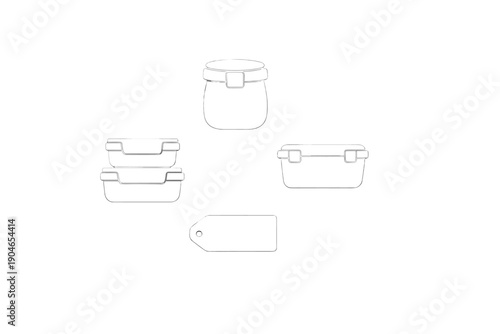 Containers and a Tag arranged on a plain background suitable for organizing items in a home or office setting at any time of day