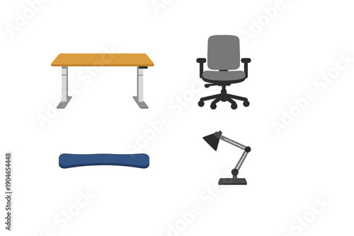 Working setup includes desk, chair, lamp, and support cushion used in a home office during daytime hours