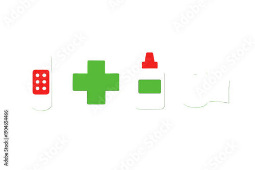 Medical supplies for first aid care including a bandage, cross symbol, antiseptic, and gauze roll used in home or workplace settings
