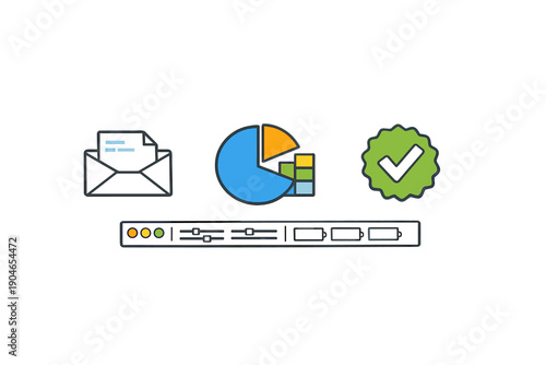 Charts and graphs illustrate business data with a checklist and email icon in a simple design showing the importance of data analysis and communication for project success