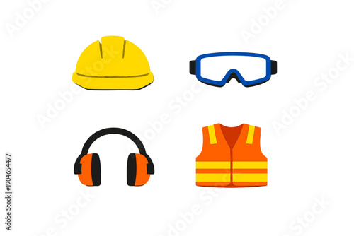 Work safety gear includes a yellow hard hat, protective glasses, headphones, and a safety vest on a plain background