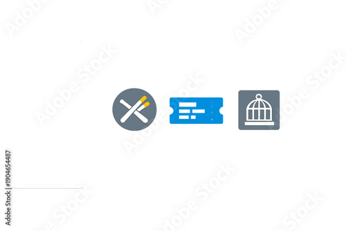 Symbols representing food, ticket, and cage in a simple design