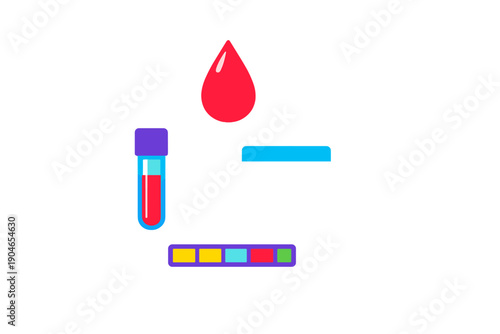 Medical testing tools are shown with a test tube, blood drop, and color strip in a simple layout on a white background