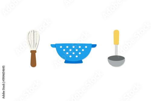 Kitchen utensils including a whisk, colander, and ladle arranged on a plain background with no additional objects present