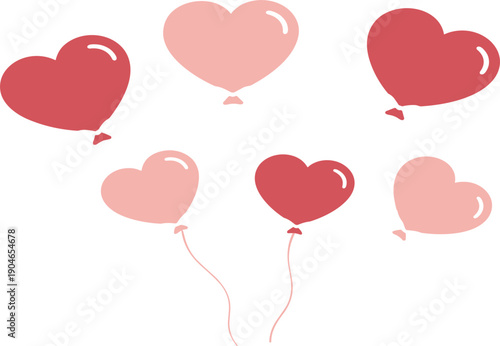 Hand Drawn Heart Shaped Balloons Set in Red and Pink Isolated on White Background Vector Illustration