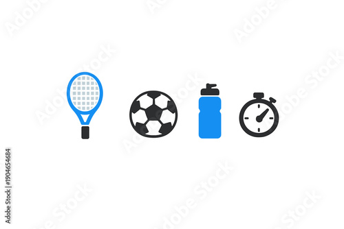 Various sports equipment displayed including a tennis racket, soccer ball, water bottle, and stopwatch during a training session