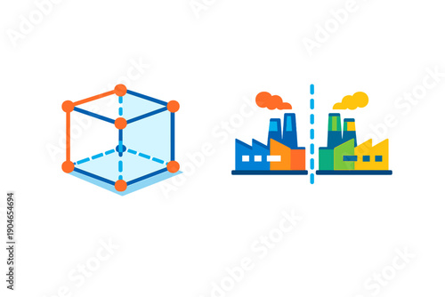 Illustration showing a geometric cube design next to a factory scene during the day emphasizing manufacturing and production processes