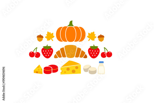 Colorful display of different foods and fruits on a white background with clear shapes showing items like a pumpkin, bread, and cheese