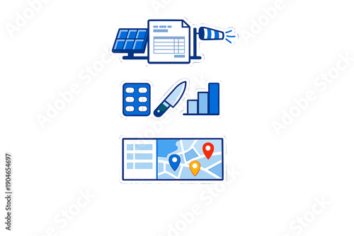 Different tools and symbols for data tracking and navigation in a business or project setting show various functions and methods for organization and planning