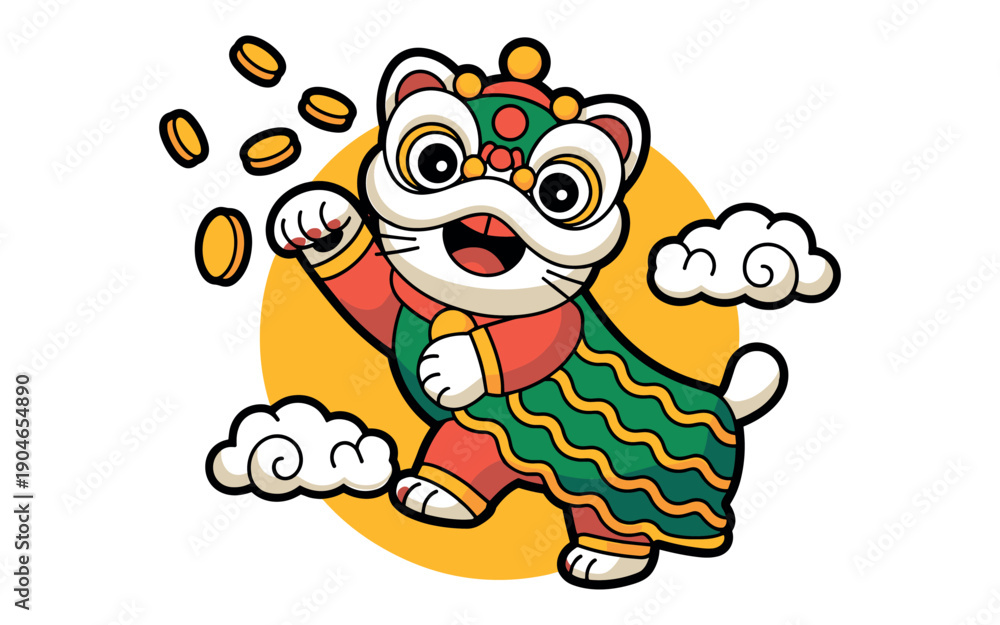 Obraz premium Adorable cartoon cat mascot performs an energetic traditional Lion Dance, happily tossing lucky gold coins against a bright yellow setting, symbolizing Lunar New Year prosperity and good fortune.