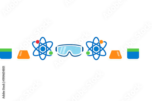 Science tools are arranged with beakers, atoms, and safety goggles for a classroom experiment in a school setting
