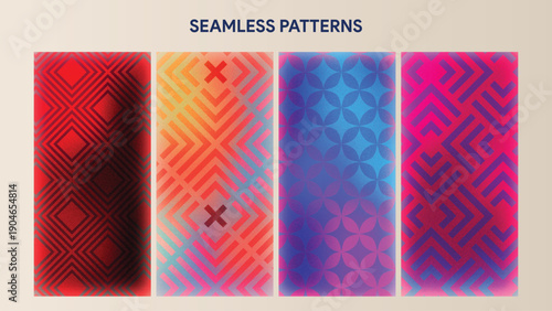 Colorful Seamless Geometric Patterns Background Set, Modern Abstract Gradient Texture, Repeating Vector Design