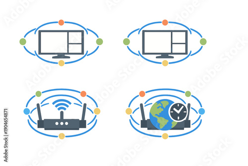 Different types of network connections and devices are shown together in a simple layout to illustrate technology use in homes and businesses
