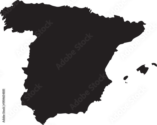 Black Iberian Peninsula Vector Map – Spain and Portugal Silhouette Outline Isolated on White