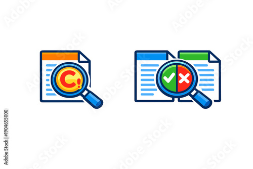 Searching for information with two documents side by side, one marked with a question, showing a comparison or review process