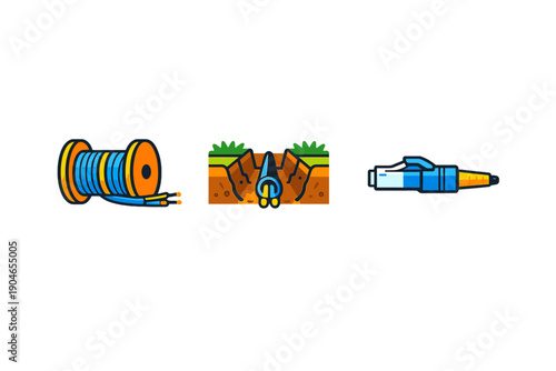 Three simple icons representing electrical work including a spool of wire, a trench for underground work, and a pen for marking locations in a utility setup
