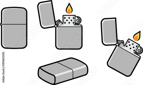 Hand Drawn Metal Lighter Set with Flame Isolated on White Background Vector Illustration