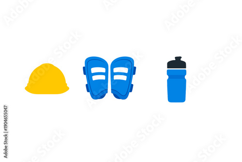Items for sports safety and hydration are shown in bright colors with a yellow helmet, blue shin guards, and a blue water bottle against a white background