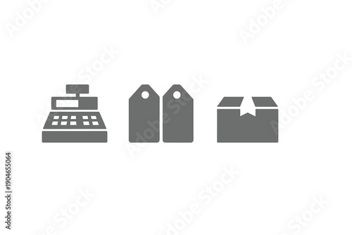 Details about cash register, price tags, and a box for a retail store during a busy shopping time