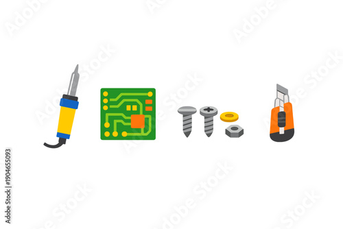 Tools and parts for electronics assembly displayed on a white background with a focus on soldering, circuit board, screws, and a screwdriver