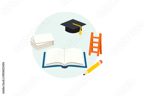 Items for education and study tools on a table with a graduation cap, open book, notecards, pencil, and a ladder