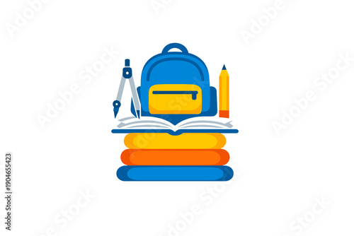 Backpack with school supplies shows a compass, a pencil, and stacked books in a school setting during day time