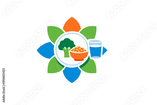 Healthy food logo showing a bowl of grains, a glass of water, and broccoli in a colorful design with green and orange leaves
