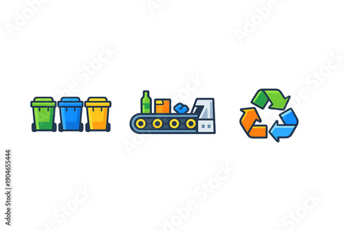 This picture shows bins for recycling, a conveyor belt with bottles and containers, and a recycle symbol