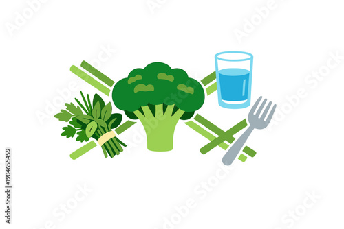 Nutrition and healthy eating with fresh vegetables, water, and utensils arranged on a simple background showing a balanced meal concept