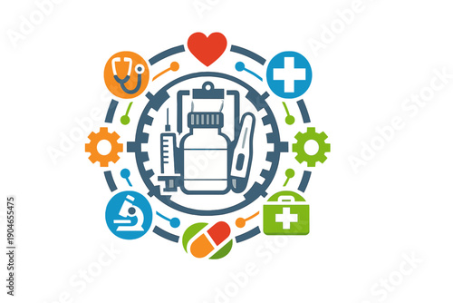 Health symbols showing medicine, tools, and medical care in a circular design for healthcare themes