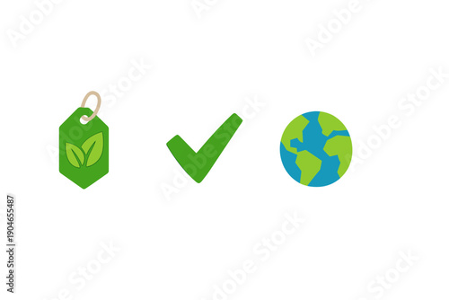 Icons showing sustainable practices with a green tag, checkmark, and globe to promote eco-friendly choices and awareness for caring for the planet