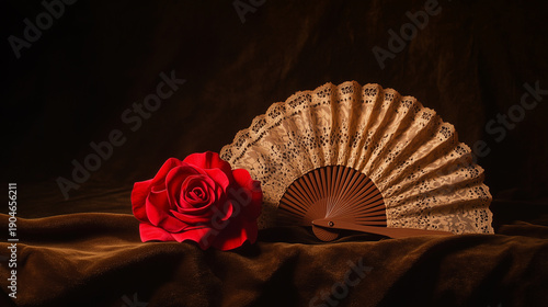 Red flamenco rose hairpiece beside a lace hand fan on dark fabric, dramatic still life symbolizing Spanish tradition, elegance and passion.