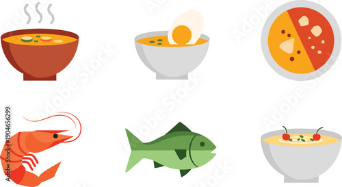 Foto Seafood and Soup Dishes Collection Flat Vector Illustration Set Isolated on Whit